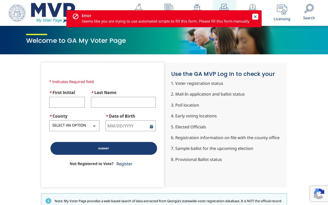 Georgia My Voter Page identity fields for a Kennesaw voter lookup