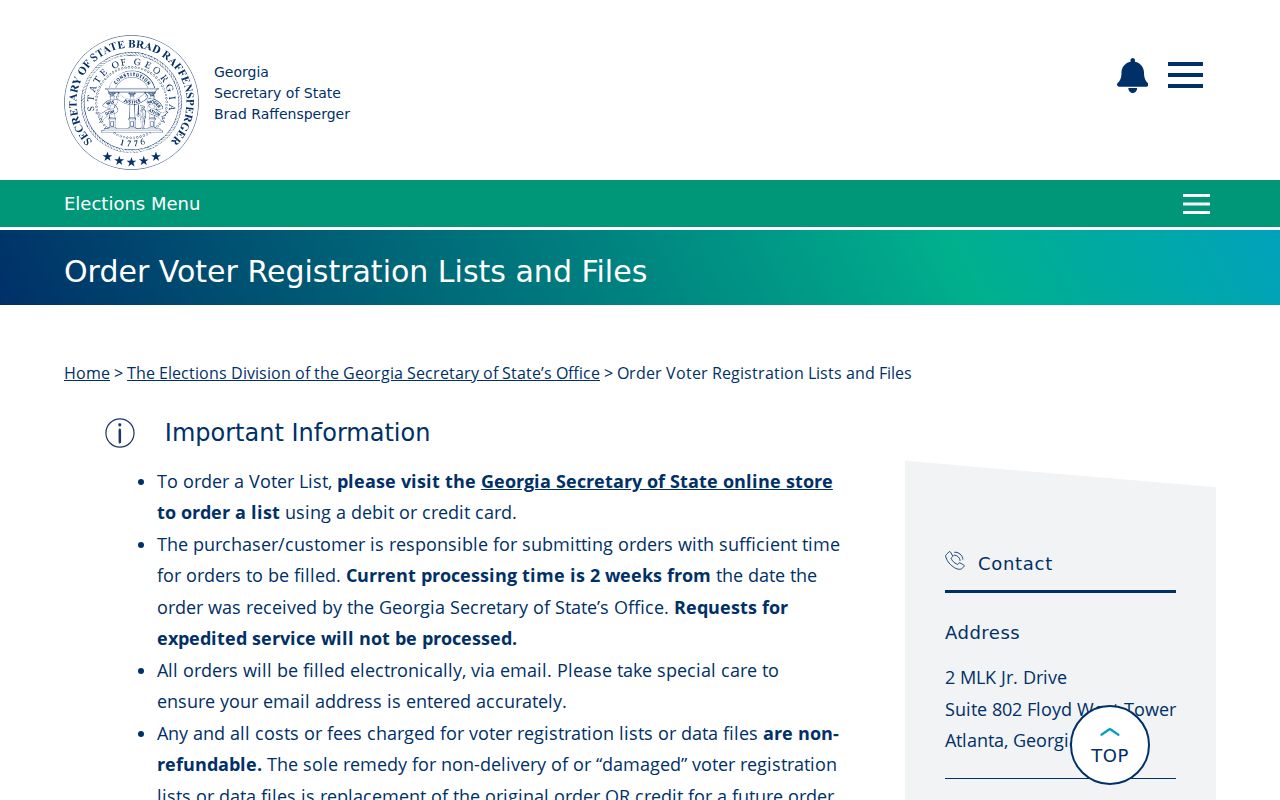 Kennesaw voter registration file ordering options from Georgia